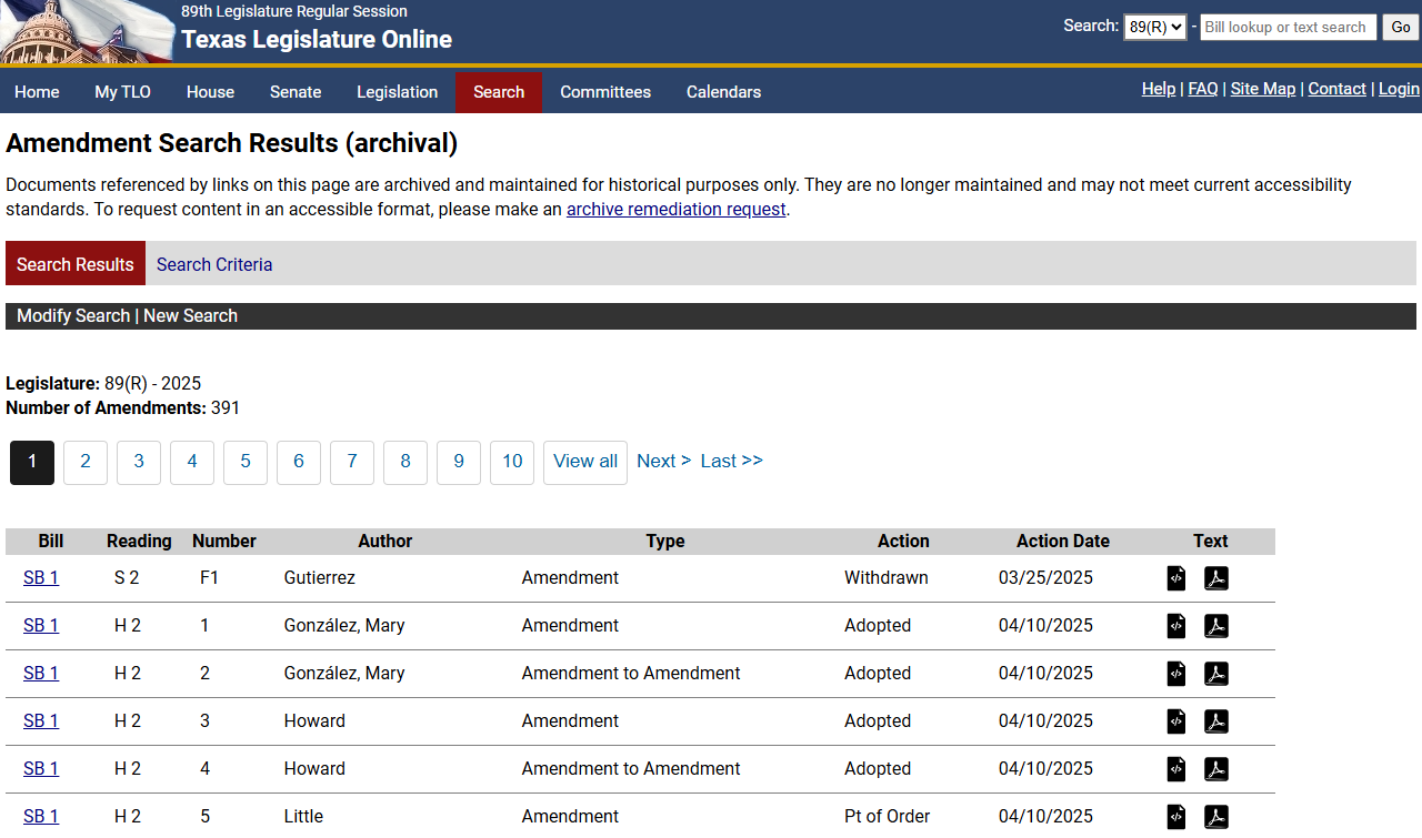 Displays the results for amendment search
