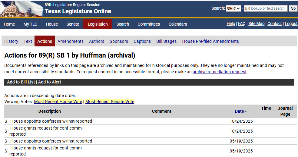 Displays bill actions for the selected bill