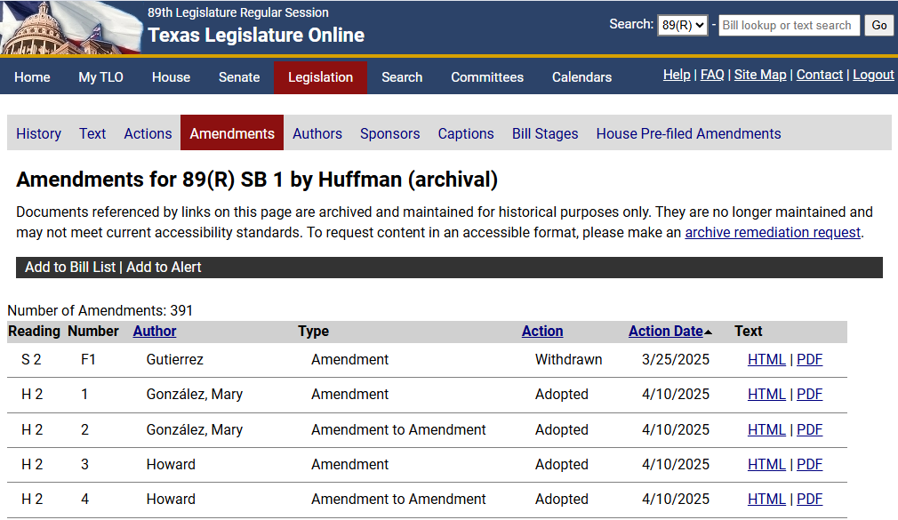 Displays amendments for selected bill