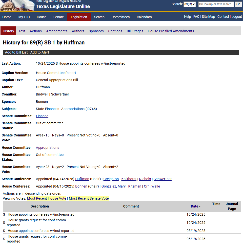 Displays search results for a bill's history