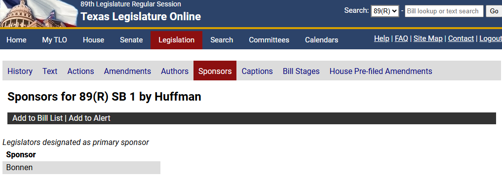 Displays sponsors of the selected bill
