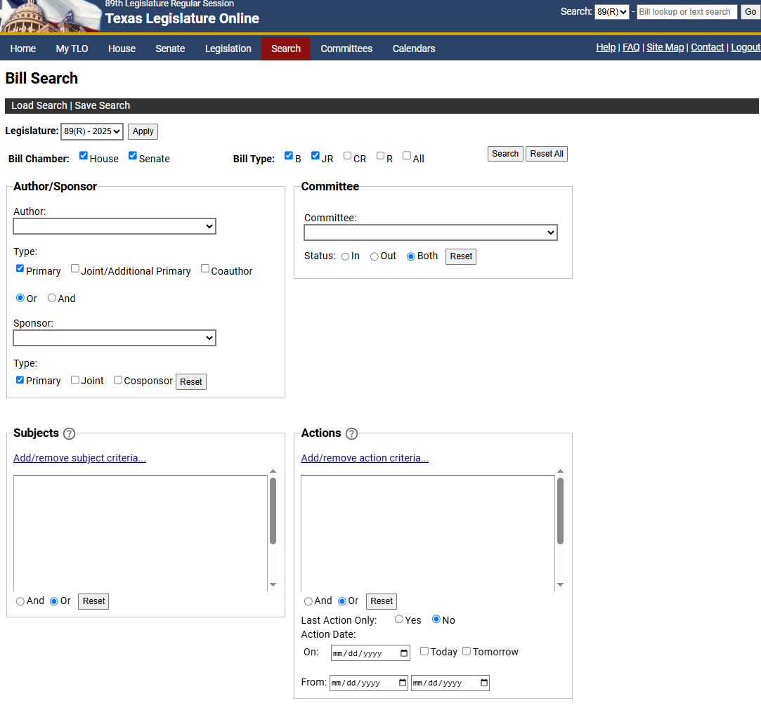 Displays options for running a bill search