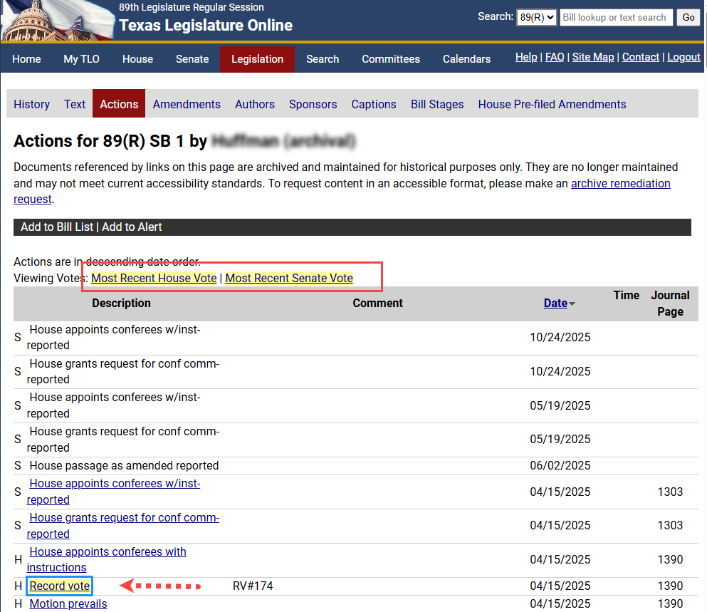 Displays vote information for selected bill